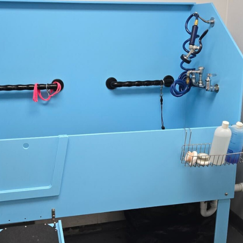 Blue pet grooming tub with adjustable spray hose, pink leash, and shampoo bottles. The setup conveys a clean, professional atmosphere.